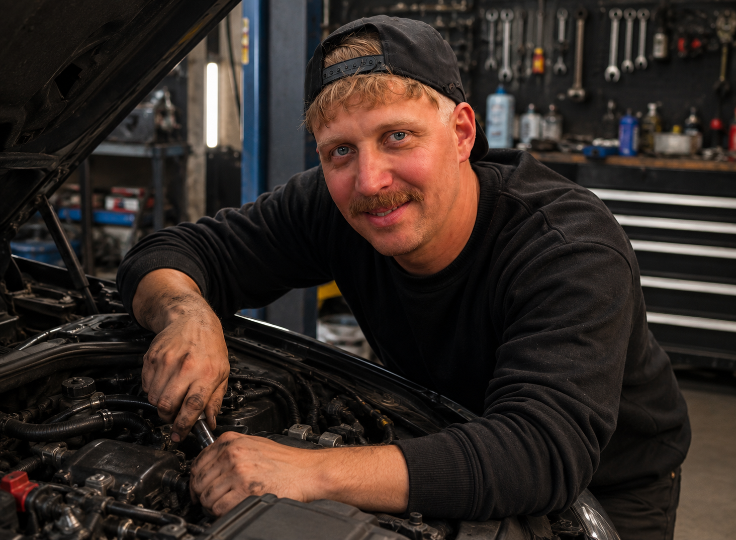 Kfz-Meister bei der Motordiagnose in der Werkstatt Friedrichshafen